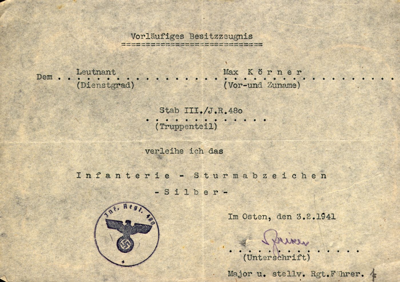 1941_Urkunde Infanteriesturmabz Körner IR.480