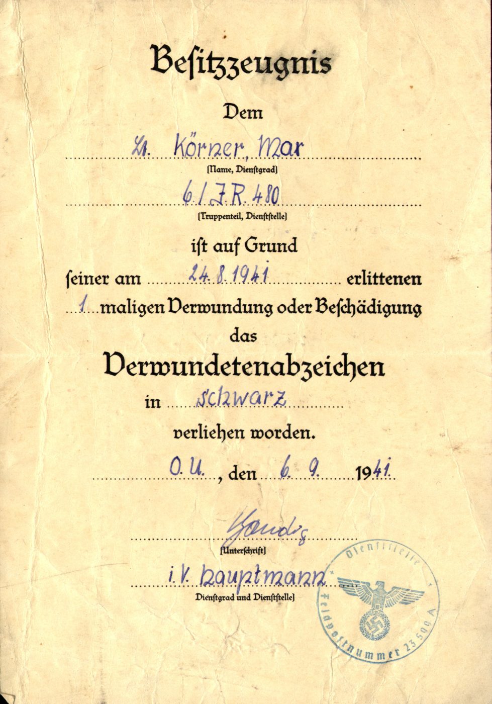 1941_Urkunde Verwundeten schwarz Körner IR.480