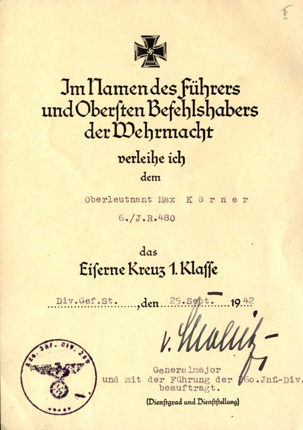 1942_Urkunde EK-I Körner IR.480