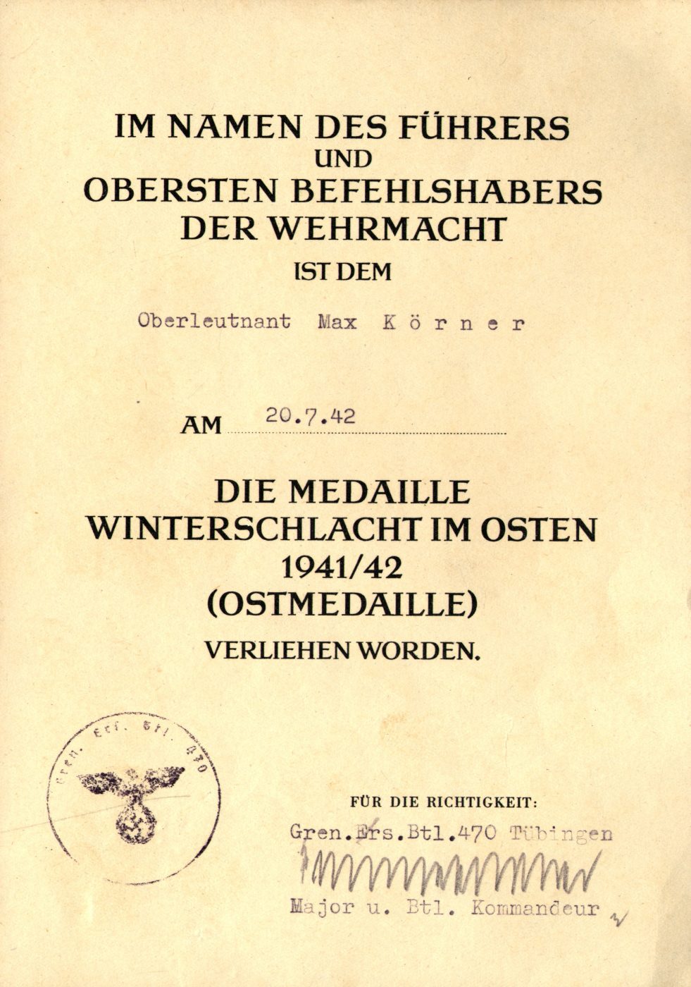1942_Urkunde Ostmedaille Körner IR.480